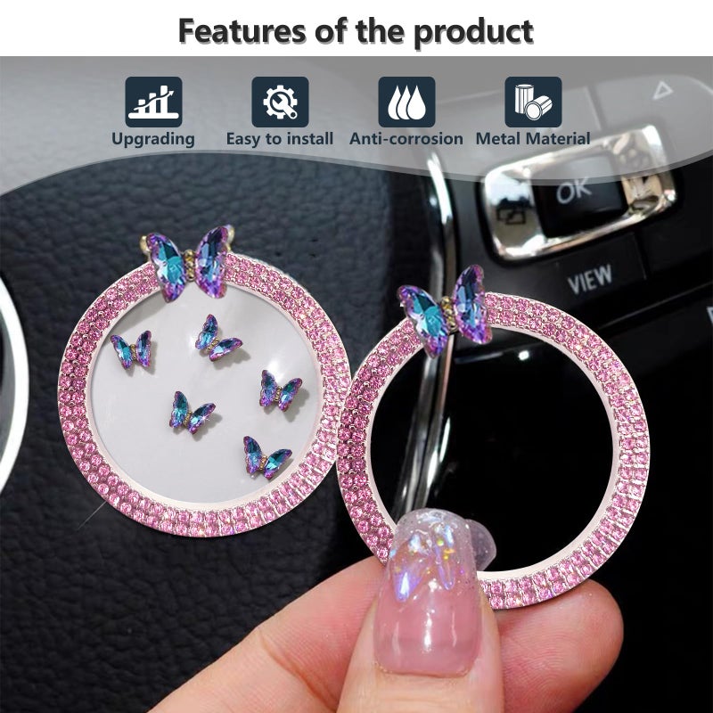 3leavtrees Purple Butterfly Car Bling Ring Emblem Car Accessories for Buttons & Knobs,Shiny Crystal Rhinestone Cover Protection Ring, Bling Car Accessories for Wowen - Pink - Image 3
